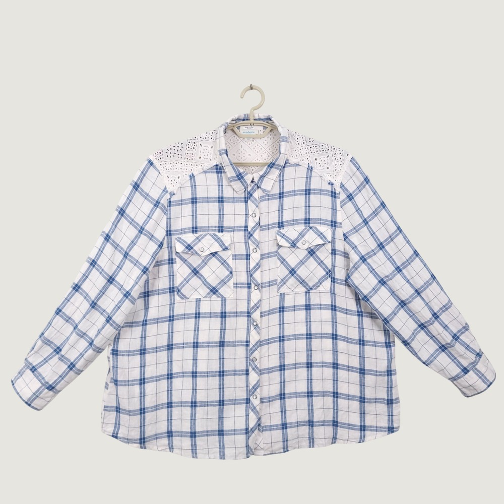 Sundance Polly Plaid Linen Eyelet Shirt Size 2XL Pearl Snaps Plaid Boho Western